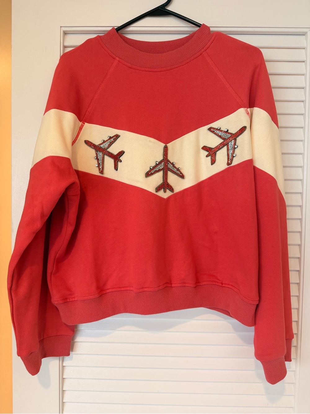 Judith March Red Crewneck Sweater with Airplane Appliqués